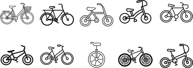 Bicycle outline icon collection isolated on transparent background. Minimal line art bike symbols for cycling sports transportation maps branding and graphic design. Flat vector set. © Parul