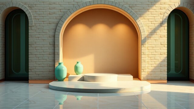 Interior scene features brick walls, arches, pedestal. Two teal vases sit atop platform. Warm lighting creates dramatic shadows. Minimalist design.