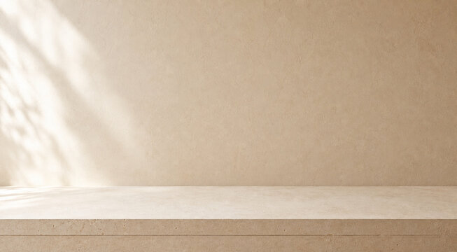 Bright powder room ledge with beige wall and large copy space