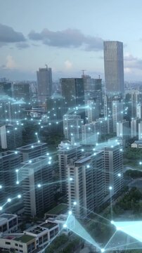 Vertical of financial district skyline. Enterprise technology powers business innovation, digital transformation and smart city growth. Graphic animation overlay over aerial cityscape