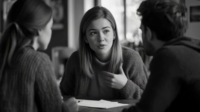 The woman is gesturing and talking. She has long hair and is wearing a knit sweater. The setting appears to be indoors with dim lighting.