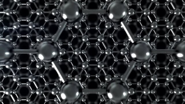Graphene Nano Material Tech Loop Tunnel Dark Straight. This zoom in nano technology looping 3D animation represents engineering at the molecular level. It can also be reversed to zoom out.