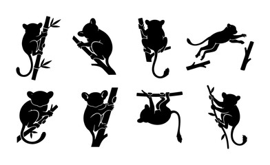Tarsier Silhouette Collection, Primate Wildlife Vector Icons, Arboreal Mammal Poses, Jungle Animal Graphics, Black and White Nature Set