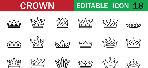 Editable crown line icon set with royal tiara and monarchy symbols for branding, web, apps, awards, logos, and print. Clean vector collection. Modern outline design for luxury projects. © Parul