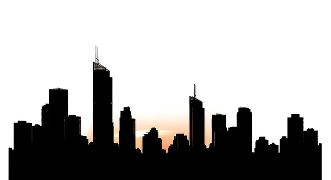 Black silhouette of a modern city skyline at sunset