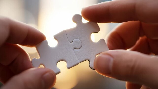 Connecting puzzle pieces in sunlight at a city location