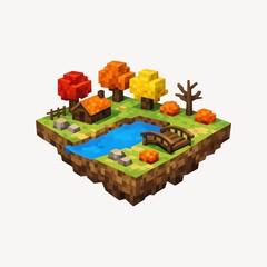 Obraz premium Pixel art of a floating island with autumn trees, pond, and bridge.