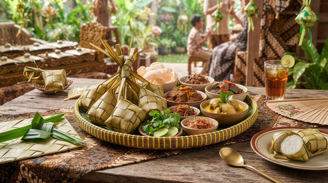 Traditional Indonesian Eid al-Fitr dish centered around woven ketupat served on a round bamboo tray tampah with opor ayam, beef rendang, sambal, and serundeng against a lush garden background.