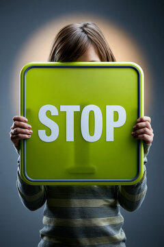 Person h&auml;lt gr&uuml;nes Stoppschild mit Aufschrift Stop vor bew&ouml;lktem Himmel