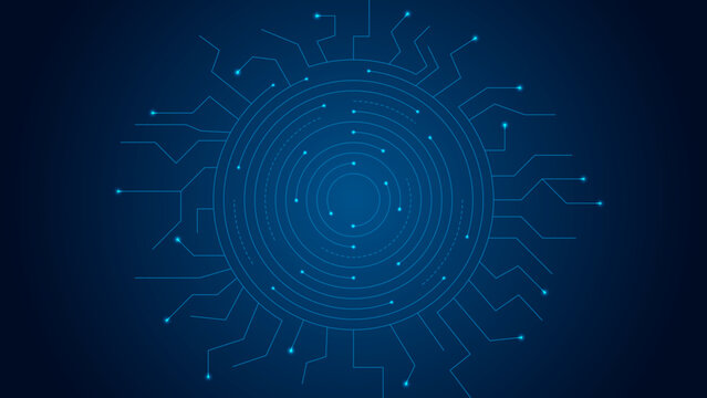 Low poly circular circuit board with concentric geometric network. Futuristic technology background vector for artificial intelligence, semiconductor, cybersecurity, and digital connectivity