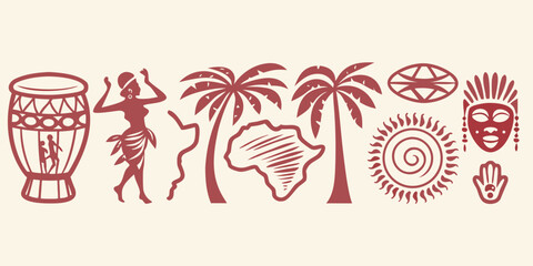 African themed Cultural Elements Vector Illustration In Reddish Brown Tones © Delip