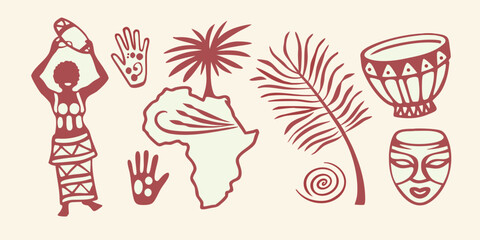 African themed Illustrations Silhouette Style With Continent Map And Cultural Elements © Delip