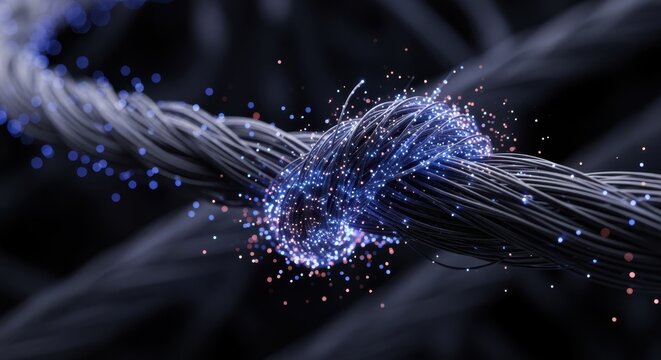 Macro shot of spinning nanotube fibers glowing with static as they form tensile cables for nextgen orbital elevator systems.