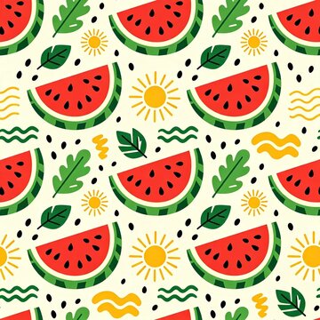 Summer watermelon seamless pattern with sun and leaves illustration