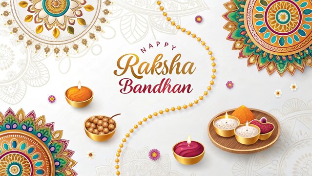 Decorative rakhi-themed background with gold beads and ceremonial thali.