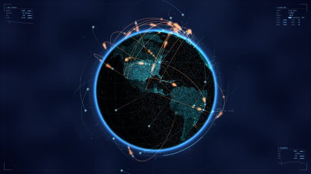 Rotating digital earth with global network, data and communication in a futuristic technological scene