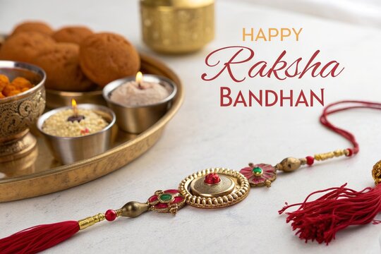 Traditional rakhi thread displayed with laddoo, sweets, and lit lamps.