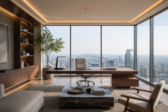 Modern luxury home office interior with desk and large window scenic view.