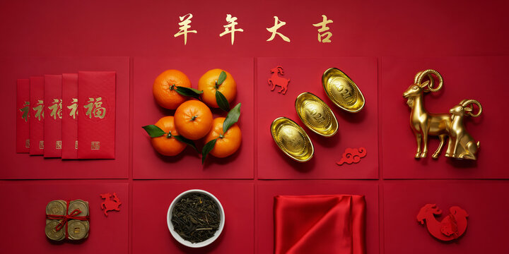 Chinese New Year Decorations: Red Envelopes, Oranges, Gold Ingots, Goat Figurines, Festive Symbols, Chinese New Year Decorations: Red Envelopes, Oranges, Gold Ingots, Goats, 2027 goat zodiac,