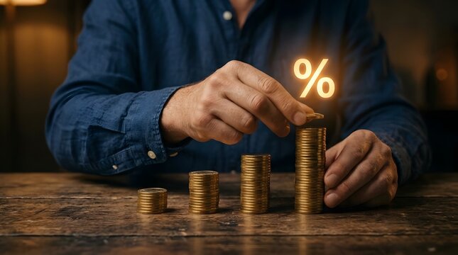 A business person stacking gold coins on a wooden table with a glowing percentage sign representing financial growth and interest rates