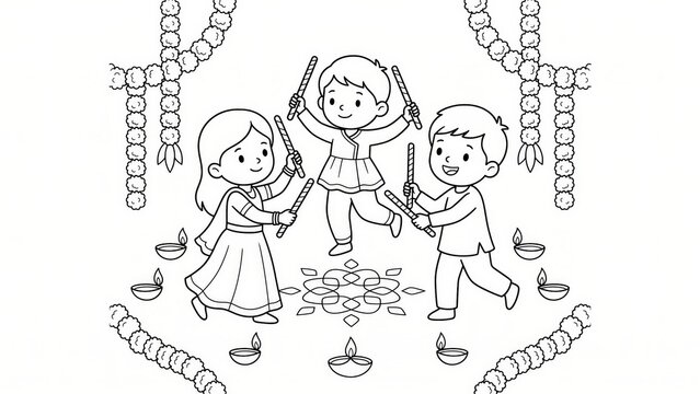 Navratri Garba Coloring Page &ndash; Kids Printable Line Art.