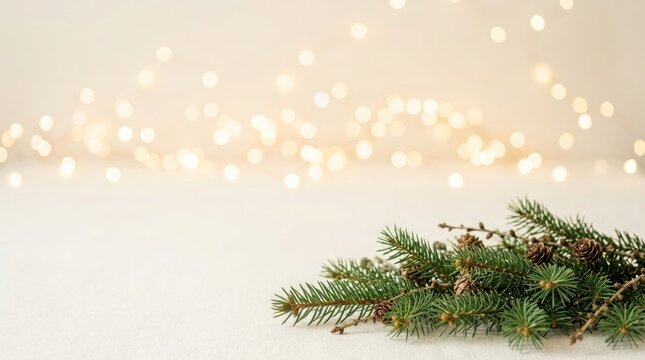Fresh green pine branch with needles in soft snow