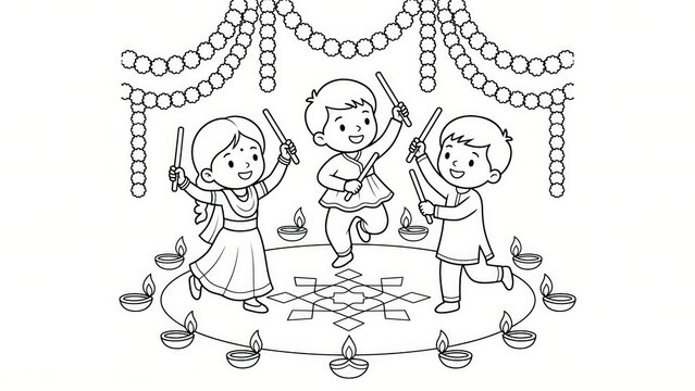 Navratri Garba Coloring Page &ndash; Kids Printable Line Art.