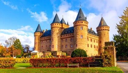 Obraz premium Historic castle with autumn foliage and visitors.