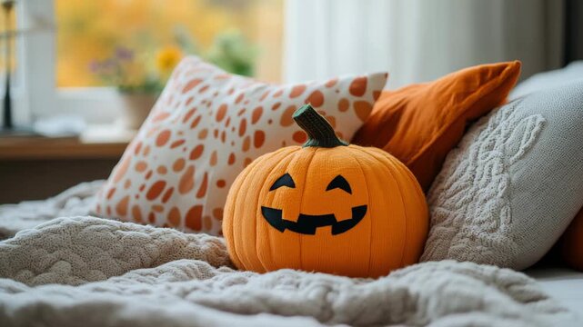 A pumpkin with a smiling face rests on a bed surrounded by colorful pillows and autumn light coming through the window