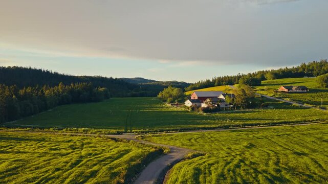 Indre Fosen Municipality, Tr&oslash;ndelag County, Norway - A Peaceful Farm Rests Among Lush Green Fields and Rolling Hills Under the Soft Evening Light - Aerial Drone Shot