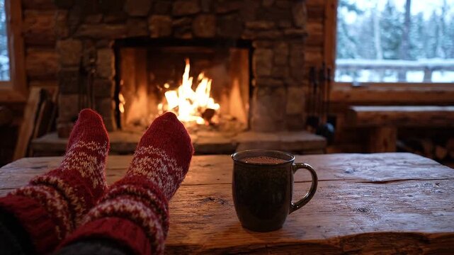 Cozy scene with warm socks resting on wooden table beside steaming mug in front of a crackling fireplace, surrounded by rustic cabin interior and snowy landscape outside