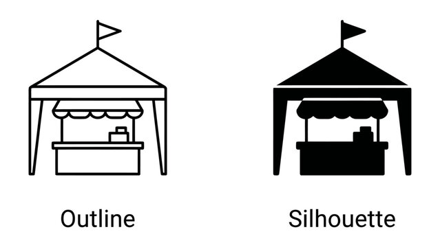 Fair Booth Outline and Silhouette: Two distinct representations of a fair booth, one as a clean line art outline and the other as a bold silhouette.