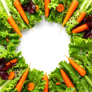 Fresh Carrots and Leafy Greens Arranged in Circle.