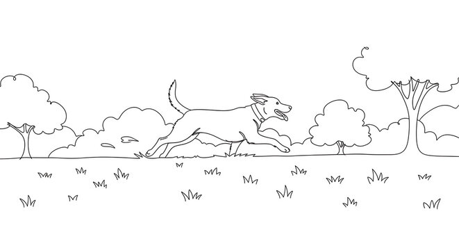 Little dog running through a park in a line art style