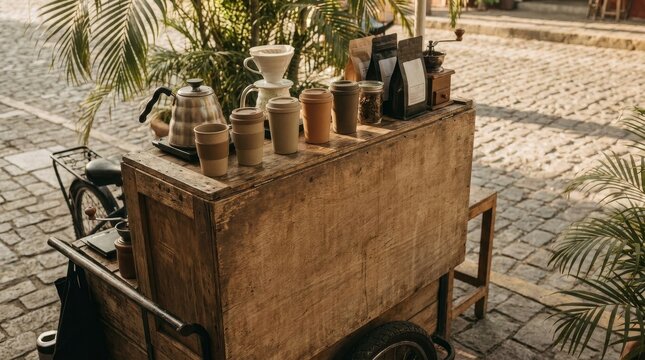 Mobile coffee cart setup on cobblestone street with pour over