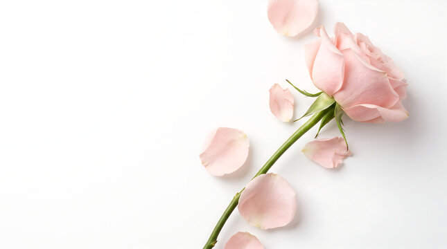 Soft Pink Rose with Stem and Petals on White Background with Copy Space for Wedding
