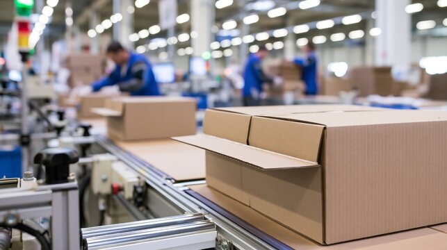 Carton gluing station applying adhesive to a folding flap in sharp focus and blurred assembly workers behind. Concept of packaging box assembly.