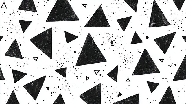 Black triangle pattern on white background. Geometric monochrome texture with grunge dots.