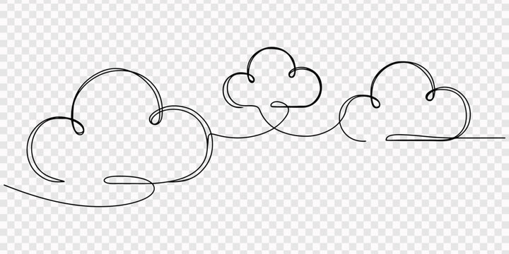 Continuous line drawing of three clouds in a horizontal row on a plain white background. Vector, illustration, Continuous single line drawing of three fluffy clouds isolated on white background
