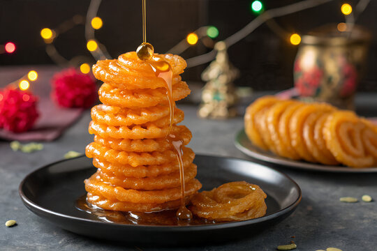 Jalebi Stack with Syrup Pour, Golden Indian Sweet Jalebi, Festive Jalebi Dessert Tower, Crispy Spiral Jalebi Plate, Traditional Sweet Jalebi with Honey