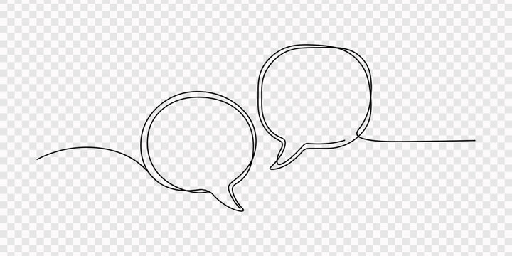 Two square speech bubbles continuous one line drawing on white background, Continuous one line drawing two speech bubbles, Dialogue in line art style. Minimalist drawing of two overlapping speech 