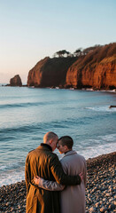 Fototapeta premium Couple embracing on a rocky beach with sea and cliffs, symbolizing connection, love, and nature's beauty, perfect for romance or travel themes