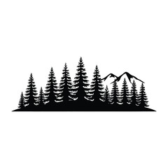 Obraz premium Black and white landscape featuring a pine forest and mountain range in a minimalist silhouette