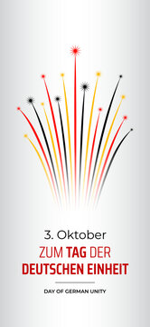 October 3, german unity day, flag fireworks on white background. Germany national holiday. Greeting card. Fireworks, flag. Vector. Translation 3 October Day of German Unity