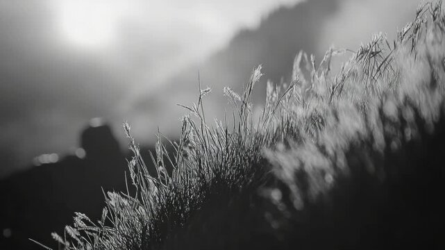 Soft grasses sway in gentle mountain breeze. Distant hills fade into misty, sunlit haze. Monochrome tones evoke quiet, natural serenity. Silhouettes of blades catch fading golden light