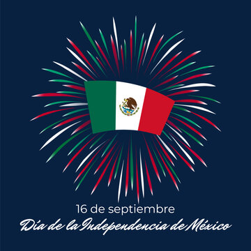 September 16 mexico independence day, mexican colorful fireworks flag, eagle emblem on dark blue. Mexico national holiday. Greeting card. Vector. Translation september 16th, Mexican Independence Day