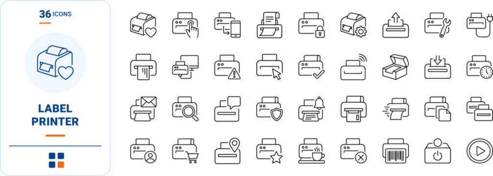 Label Printer Web Icon Set in Linear Style. Collection of Printing Device line icons, including check mark, settings, security, repair, paper roll, wireless, power, status and more.