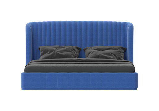 Modern blue velvet bed with channel tufting and dark grey bedding