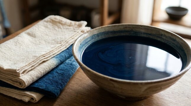 Natural indigo dye in ceramic bowl with fabrics
