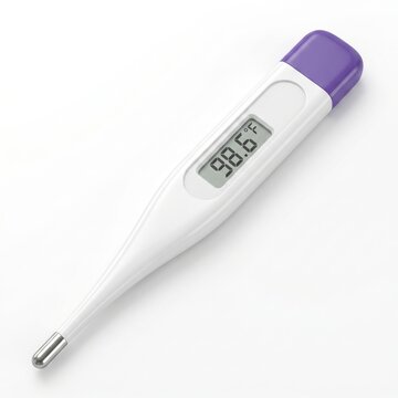 Digital thermometer showing 98.6 F with purple cap on white background.